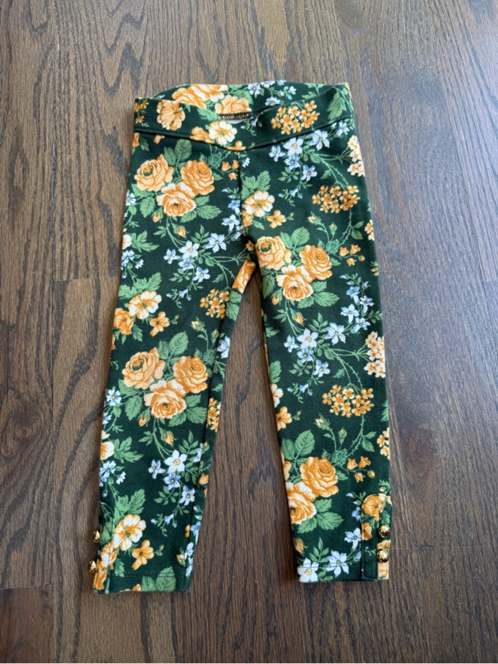 Janie and Jack Girls' Green Floral Print Leggings with Yellow Roses